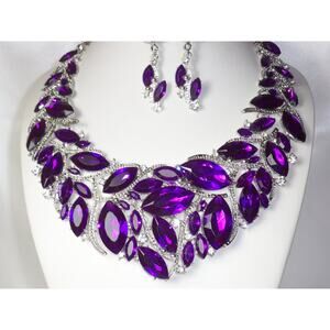 Purple necklace set, 3 pc necklace set, statement wedding party prom necklace,